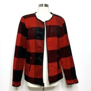 Women Reversible Plaid and Blue Jean Jacket w/black trim piping. Size PSmall